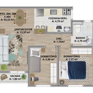 Estrutura: apartamentos com 2 dormitórios. Salas de estar e jantar, cozinha, área de serviço e sacada. 1 box de garagem por apartamento. Apartamentos de 43 m² privativos. Localização: Rua João XXIII, n° 2905, bairro União, Flores da Cunha/RS.