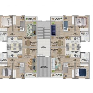 Estrutura: apartamentos com 2 dormitórios. Salas de estar e jantar, cozinha, área de serviço e sacada. 1 box de garagem por apartamento. Apartamentos de 43 m² privativos. Localização: Rua João XXIII, n° 2905, bairro União, Flores da Cunha/RS.